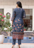 Kaajh Women's Navy Blue Digital Print Flora Chanderi Kurta Pant Set With Dupatta | Grocsy