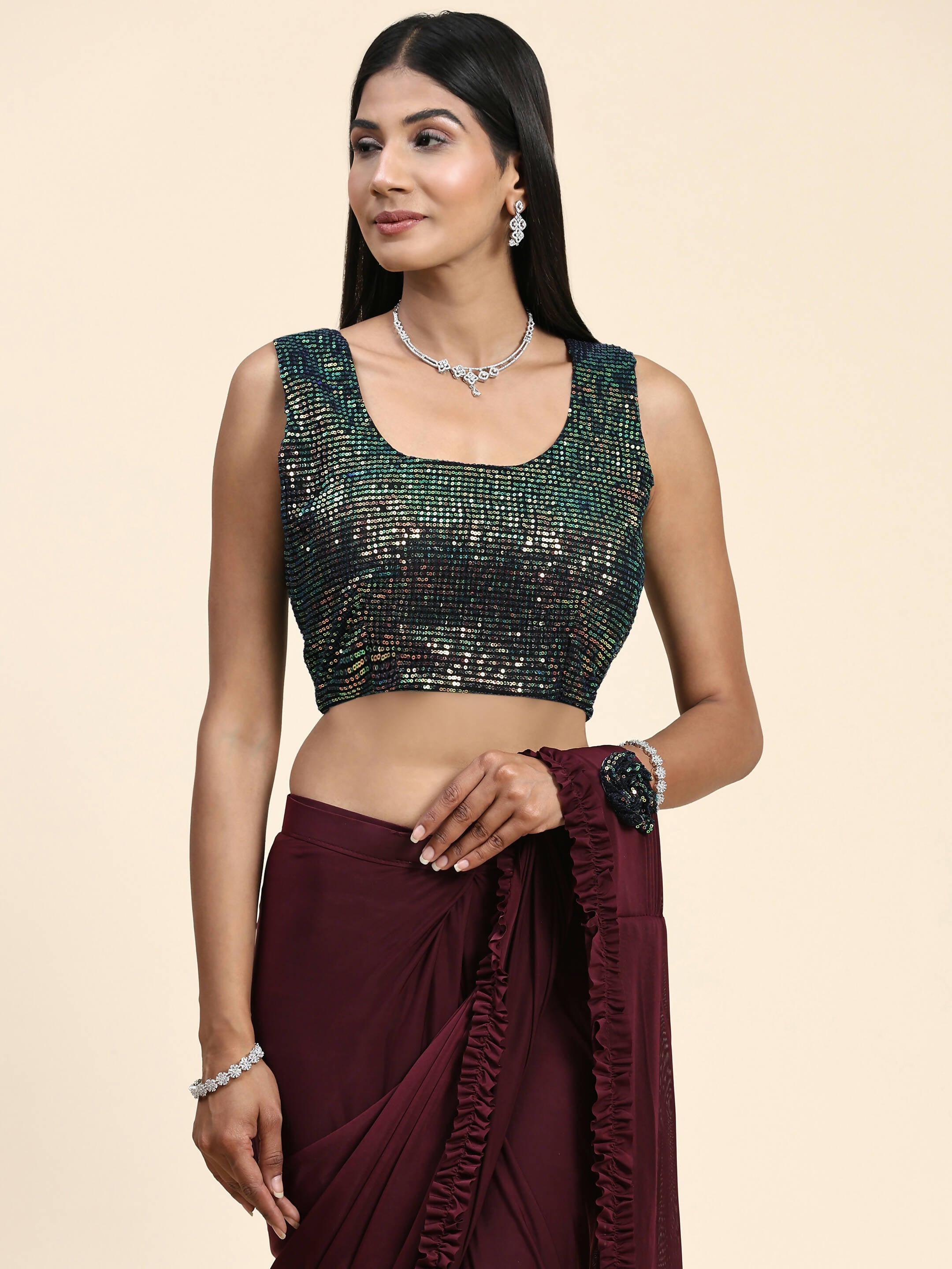 Maroon Imported Fabric Plain Ready to wear Saree with stitched Blouse - Vrinda | Grocsy