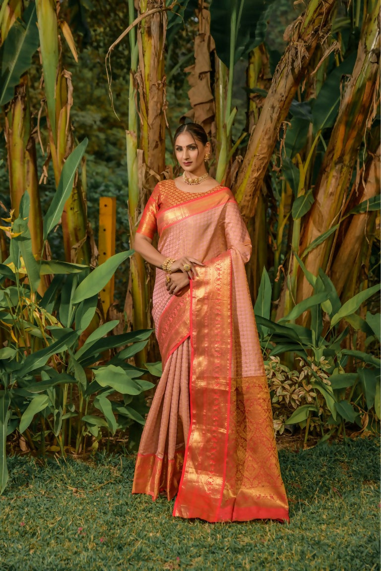 Jyoti Fashion Women's Peach Kanjivaram Silk Zari Woven Saree with Blouse | Grocsy