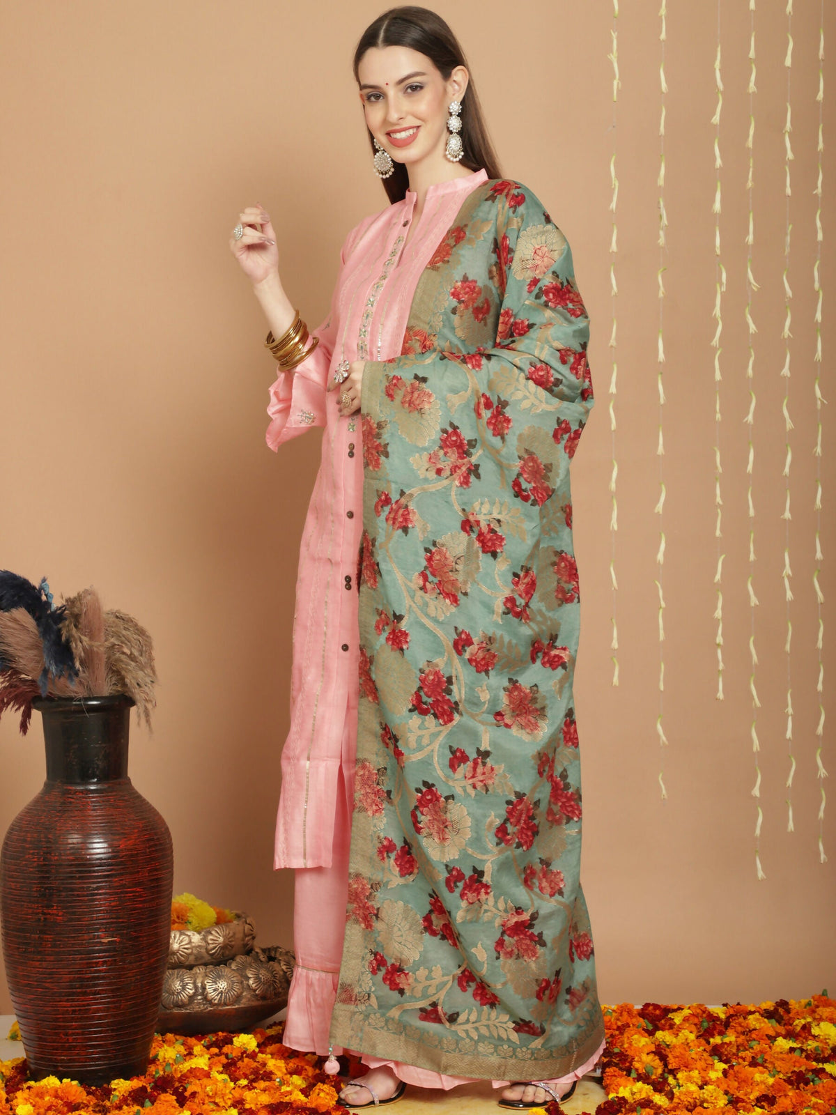Jyoti Fashion Women's Peach Chanderi Silk Elegant Jardoshi Kurta with Trouser & Dupatta | Grocsy