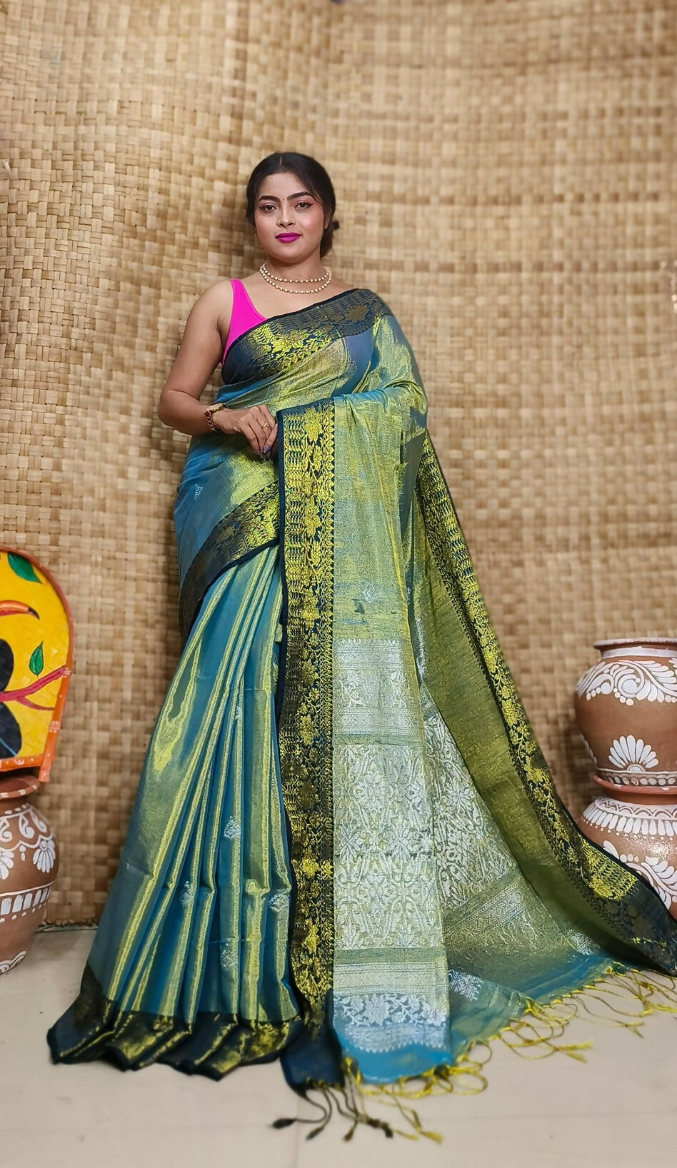 Exclusive Collection Golden Sky Beautiful Tissue Benarasi Saree | Grocsy