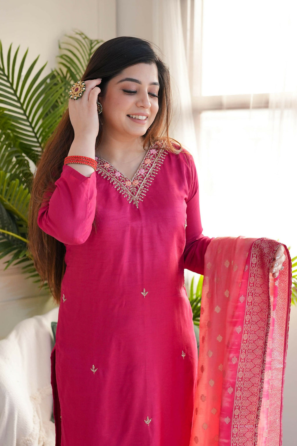 The52 Pink Women's Gorgeous Embroidered Vichitra Fabric Straight Kurta Pant with Dupatta Set | Grocsy