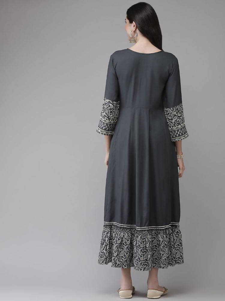 Yufta Grey Embroidered Ethnic Maxi Dress | Grocsy