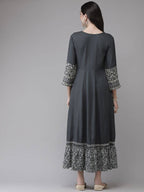 Yufta Grey Embroidered Ethnic Maxi Dress | Grocsy