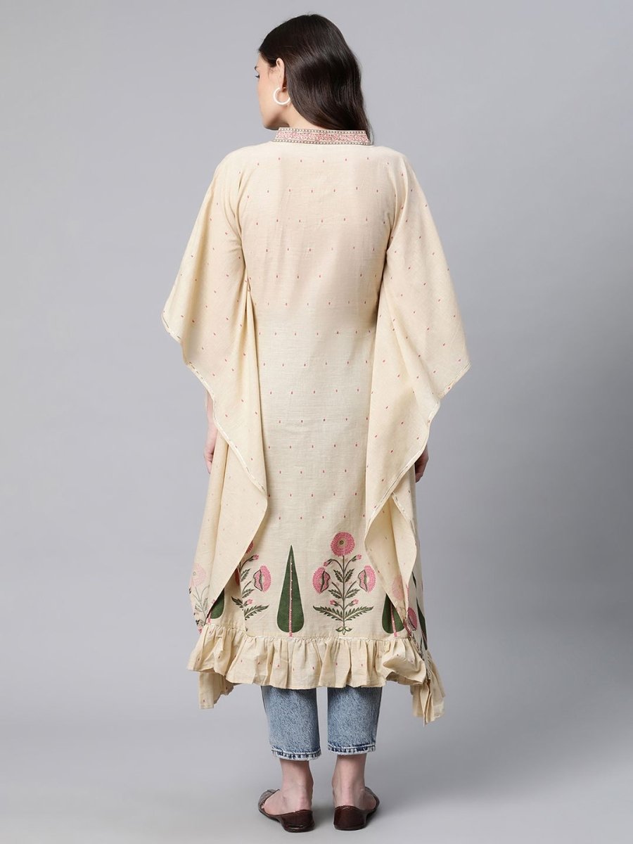Ahalyaa Women Beige Pure Cotton Floral Printed Kaftan Kurta | Grocsy