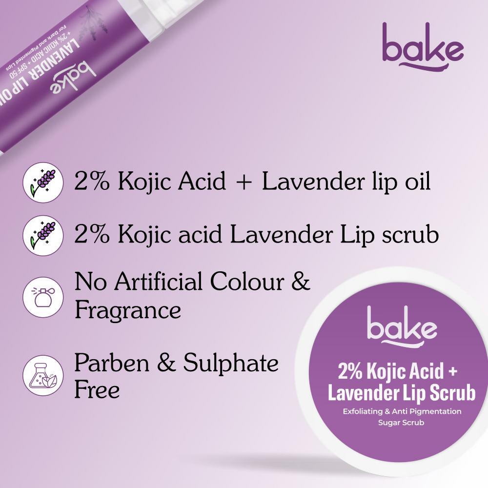 Bake Kojic Acid Lavender Lip Kit With Lip Balm SPF 50 & Lip Scrub For Dark & Pigmented Lips | Grocsy