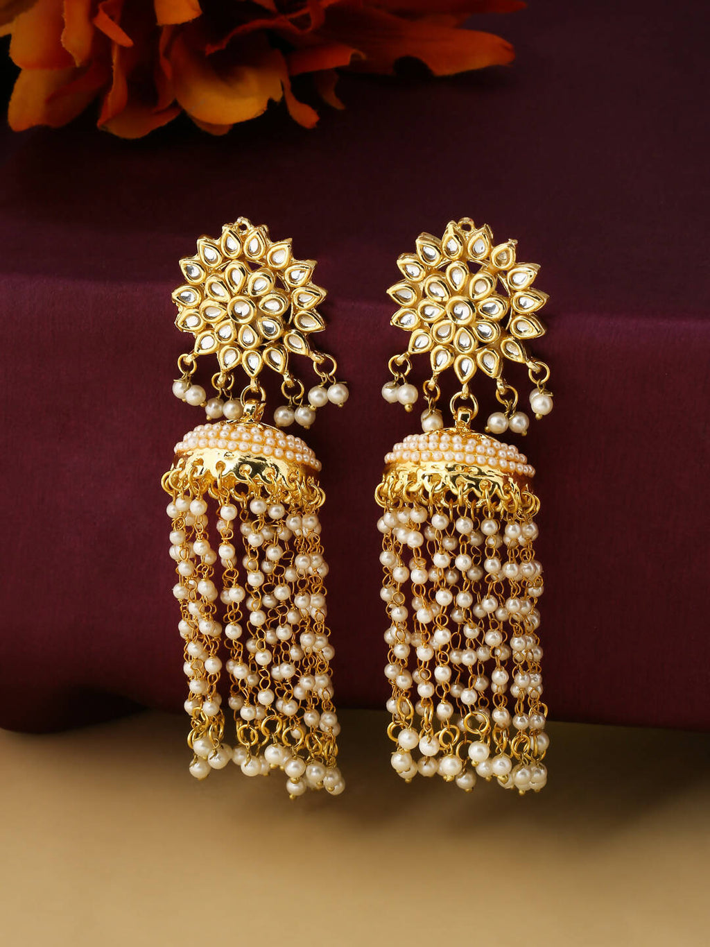NVR Women Gold-Polished Contemporary Jhumkas Earrings | Grocsy