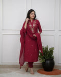 The52 Women's Beautiful Rayon Slub Fabric Embroidery Work Straight Kurta Pant and Dupatta Set | Grocsy