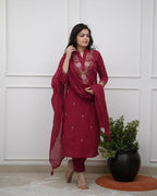 The52 Women's Beautiful Rayon Slub Fabric Embroidery Work Straight Kurta Pant and Dupatta Set | Grocsy