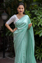 Green Poly Georgette Woven Design Saree with Unstitched Blouse - A2M | Grocsy