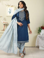 Vamika Chinon Embroidery Blue Party Wear/Casual Wear/Office Wear Kurta Set/Suit | Grocsy