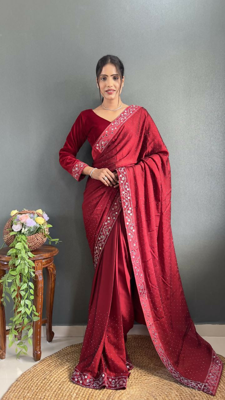 Vastranavya Red Rangoli Silk Real Mirror work with Swarovski work Ready to Wear Saree | Grocsy