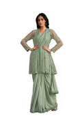Sea Green Crepe Silk Sequence Embroidered With Stone & Sequence Work Jacket Saree With Stitched Blouse - Mohmanthan La Belle | Grocsy