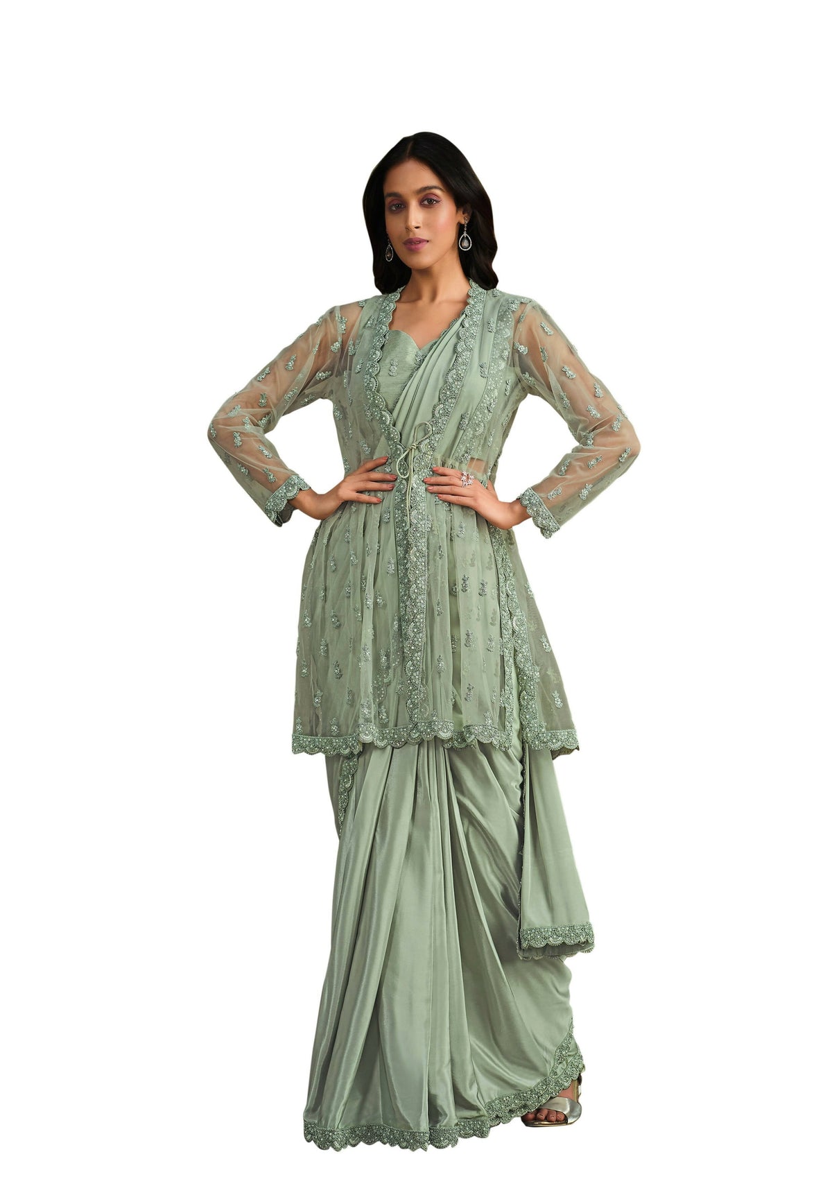 Sea Green Crepe Silk Sequence Embroidered With Stone & Sequence Work Jacket Saree With Stitched Blouse - Mohmanthan La Belle | Grocsy