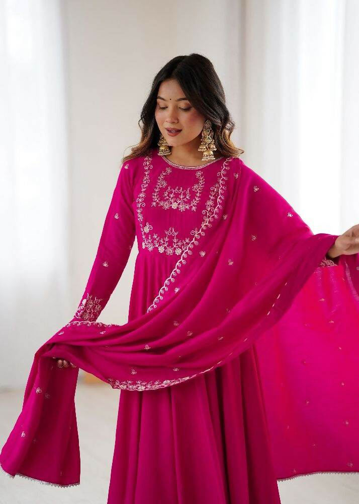 Joban Fashion Dark Pink Kurta Set Chanderi Sequence Embroidery Work | Grocsy