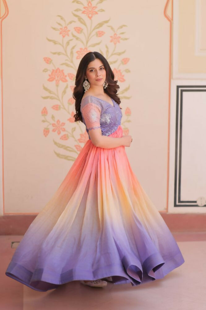 Vastranavya Purple Gold Crush Padding With Beads Embroidered Work Gown | Grocsy