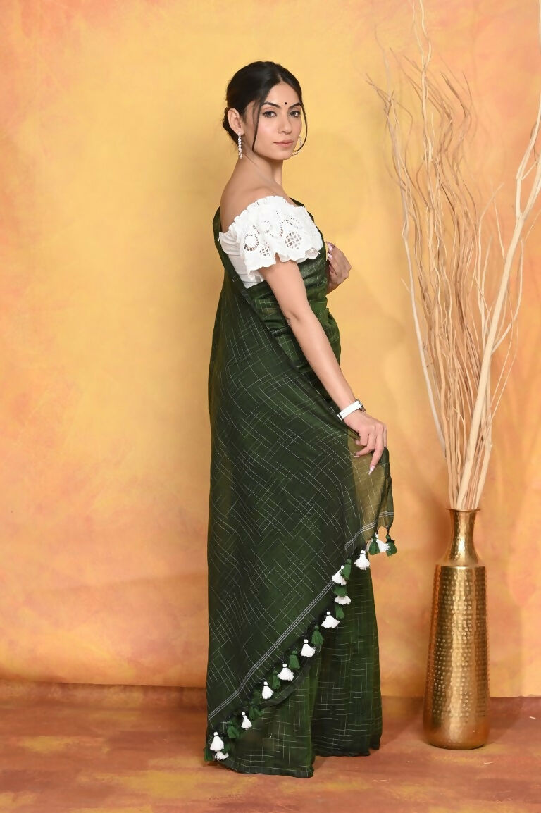Very Much Indian Mul Cotton Khadi Design Handloom Woven Saree - Green | Grocsy