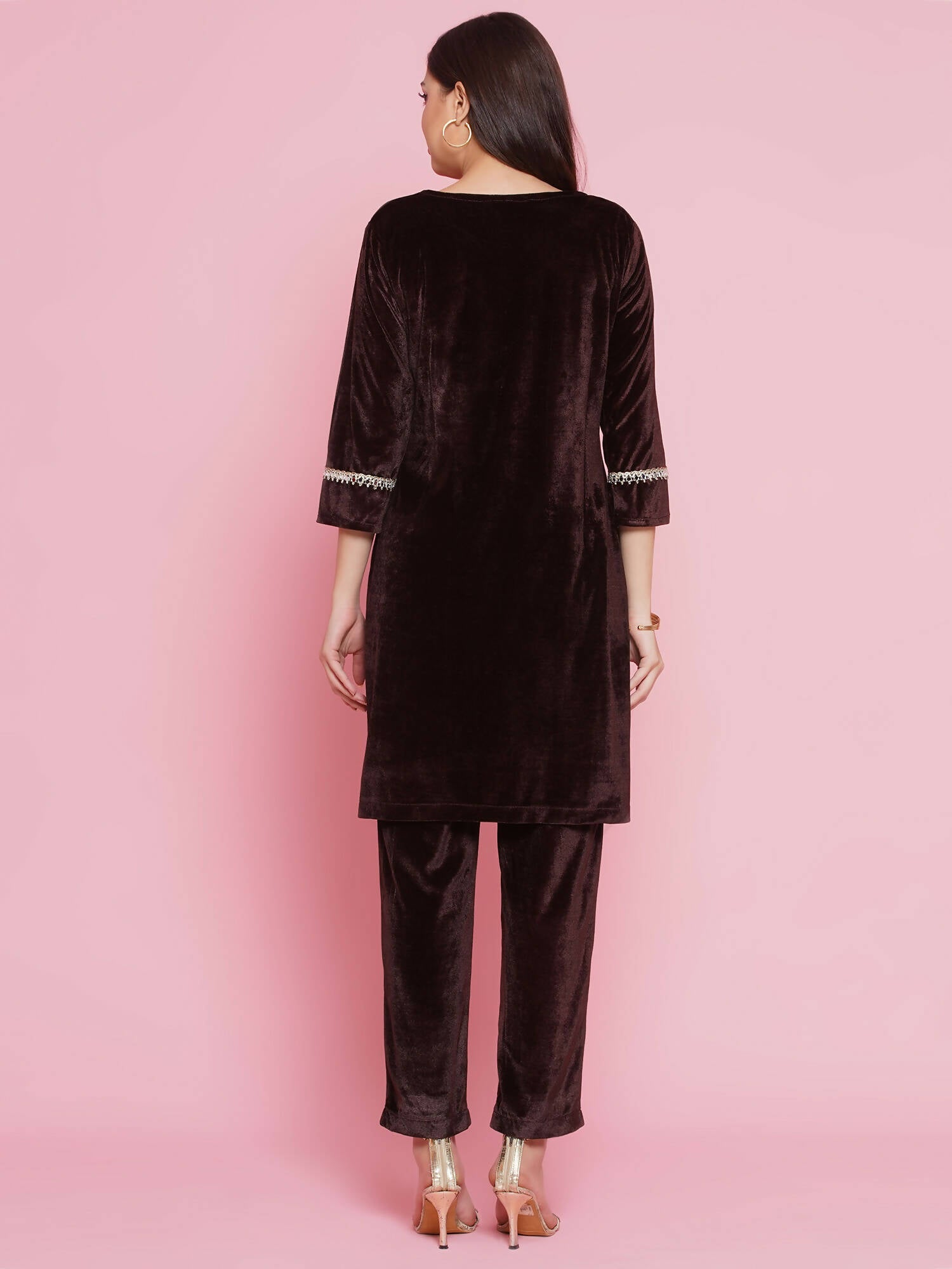 Women Republic Brown Velvet Embellished Co-Ord Set | Grocsy