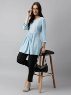 Light Blue Rayon Yoke Embroidered A-line Top - Tarini | Grocsy