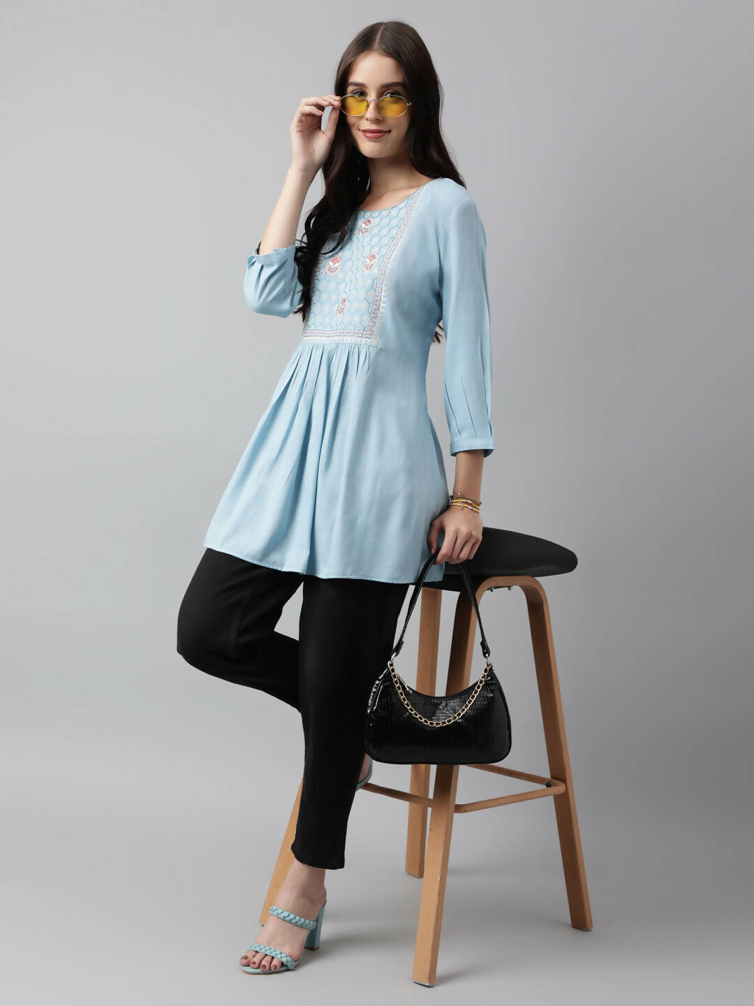 Light Blue Rayon Yoke Embroidered A-line Top - Tarini | Grocsy