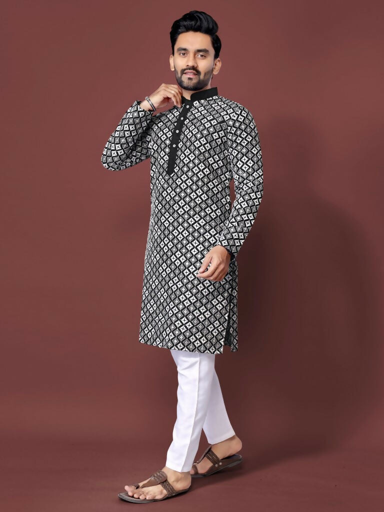 Black Embroidered Mens Kurta with Pajama by Infinity Export | Grocsy