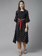Ahalyaa Women Navy Blue Georgette Gold Printed Kaftan Kurta | Grocsy