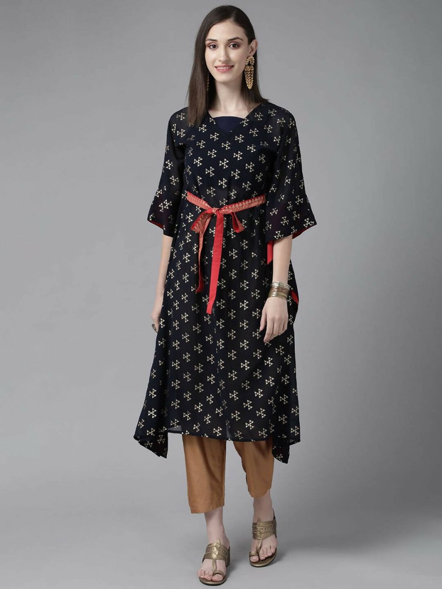 Ahalyaa Women Navy Blue Georgette Gold Printed Kaftan Kurta | Grocsy