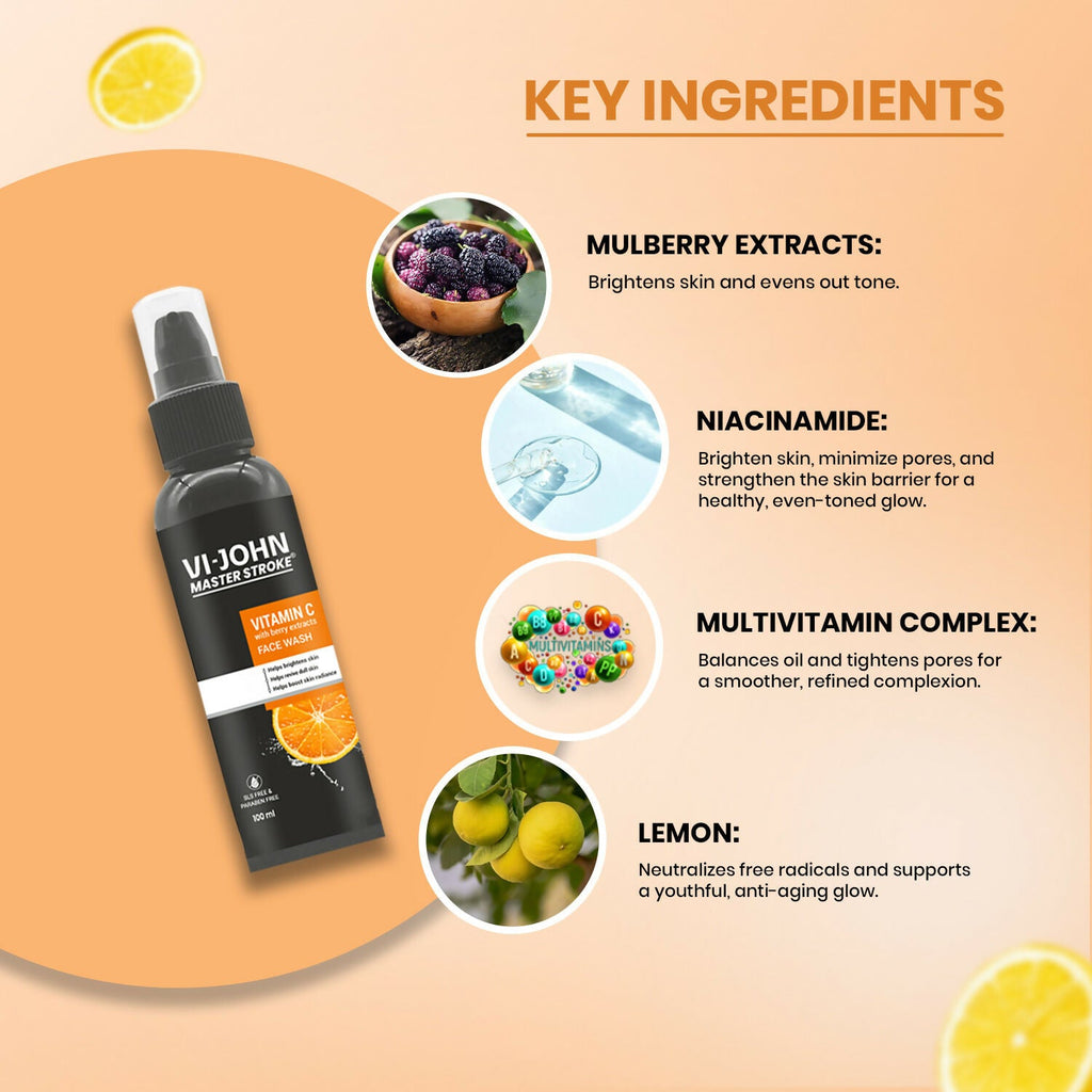 VI-JOHN Master Stroke Vitamin-C Face Wash Brightening Skin And Radiant Glow For All Skin Types | Grocsy