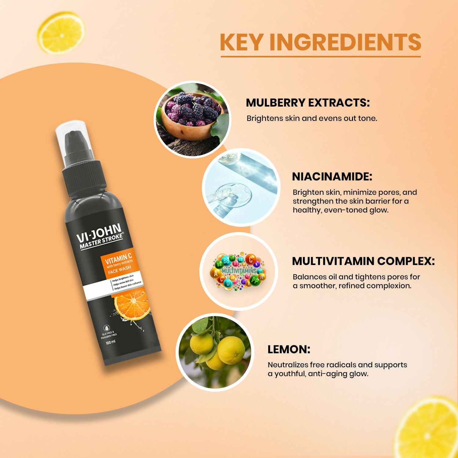 VI-JOHN Master Stroke Vitamin-C Face Wash Brightening Skin And Radiant Glow For All Skin Types | Grocsy