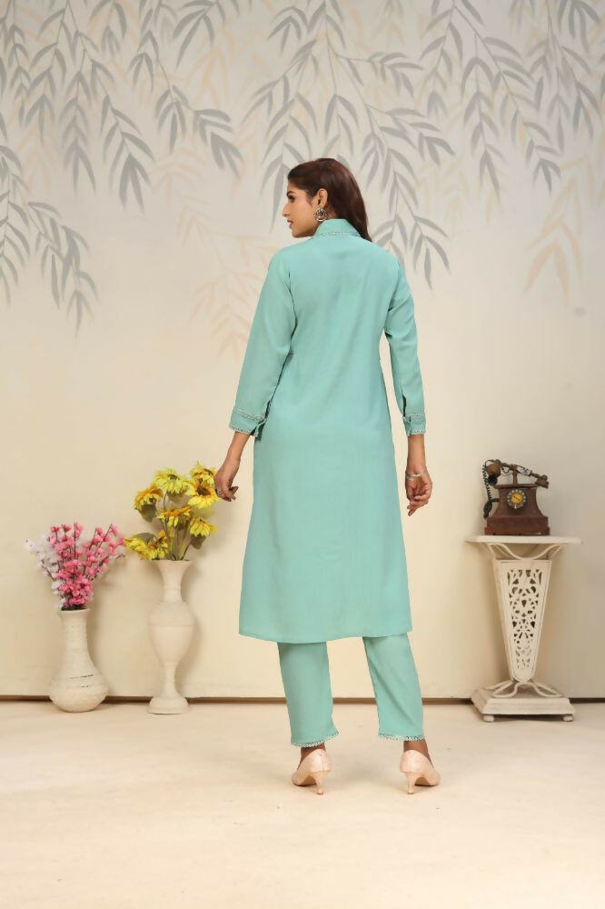 Jyoti Fashion Women's Sea Green Rinkal Cotton Plain with Side Pocket Kurtis & Sets | Grocsy