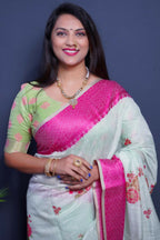 Jyoti Fashion Women's Magenta Linen Silk Digital Print with Jacquard Woven Border Saree with Blouse | Grocsy