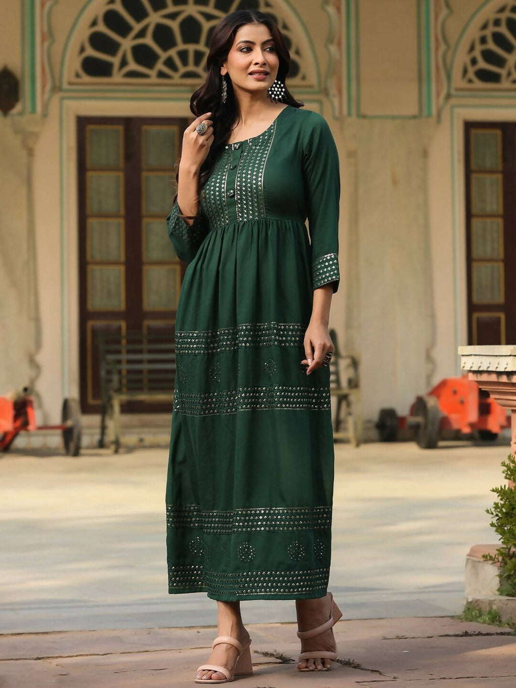 Juniper Women's Green Festive Embroiderd Flared Dress | Grocsy