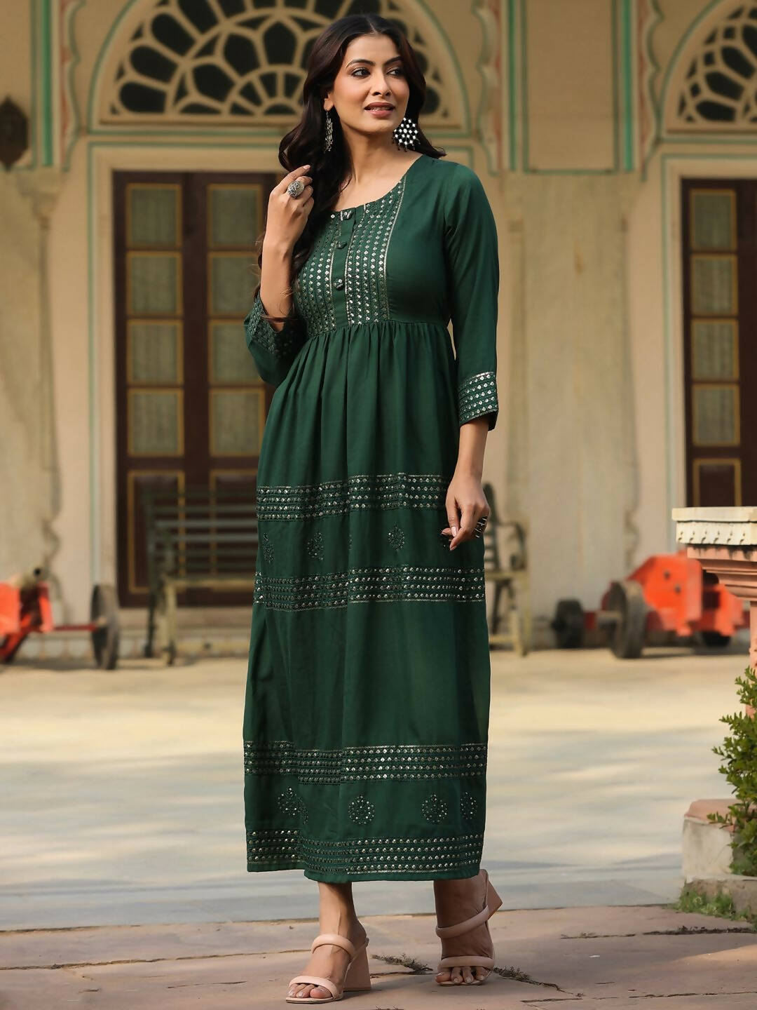 Juniper Women's Green Festive Embroiderd Flared Dress | Grocsy