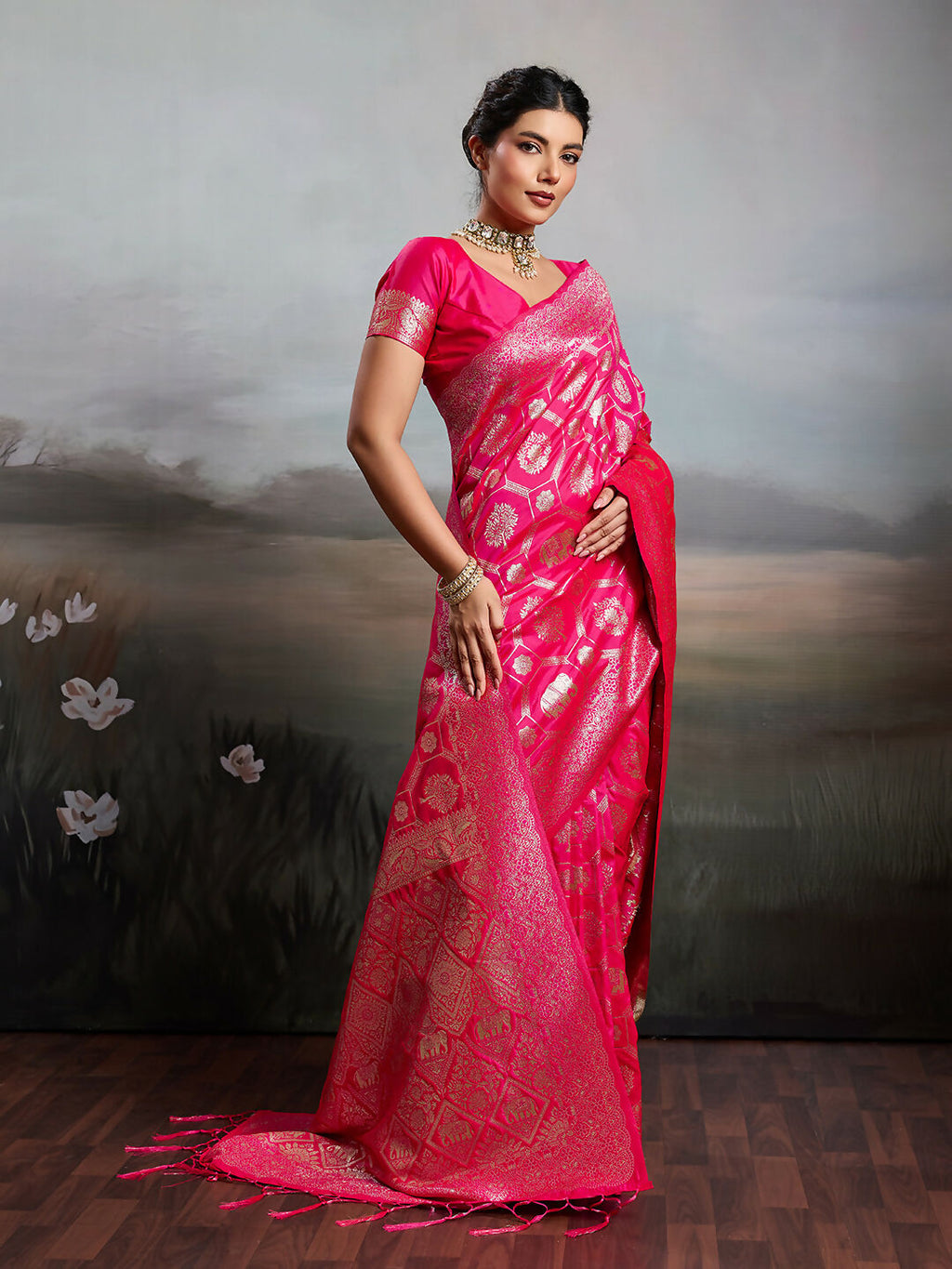 Shree Shyam Fashion Rani Pink Silk Blend Saree | Grocsy