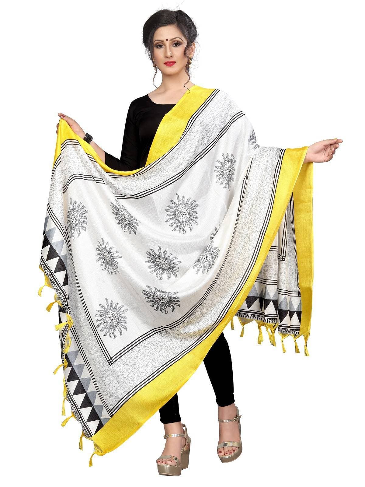 Vamika Yellow-White Printed Khadi Bhagalpuri Dupatta | Grocsy