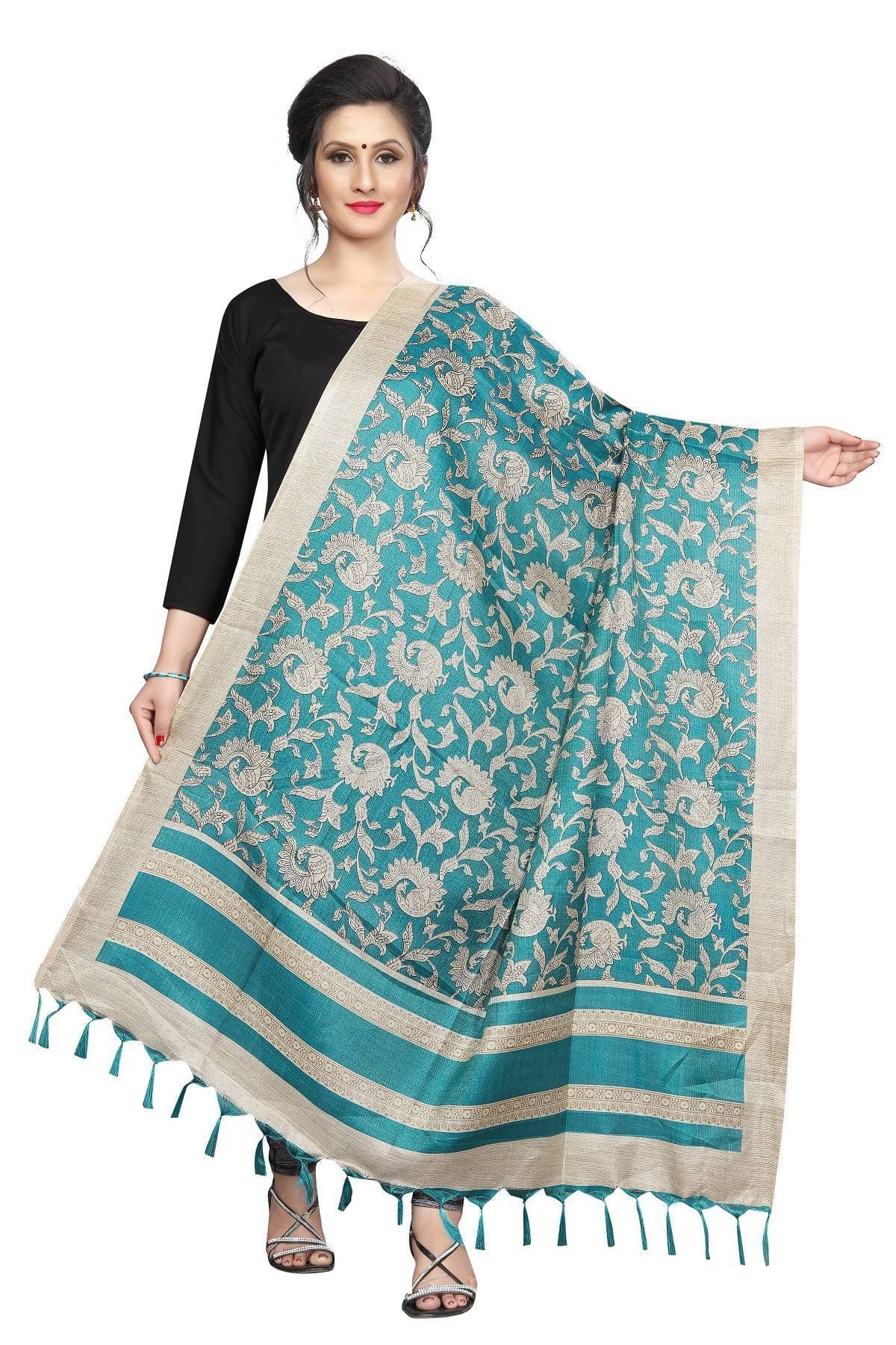 Vamika Rama Green Designed Printed Khadi Bhagalpuri Dupatta | Grocsy