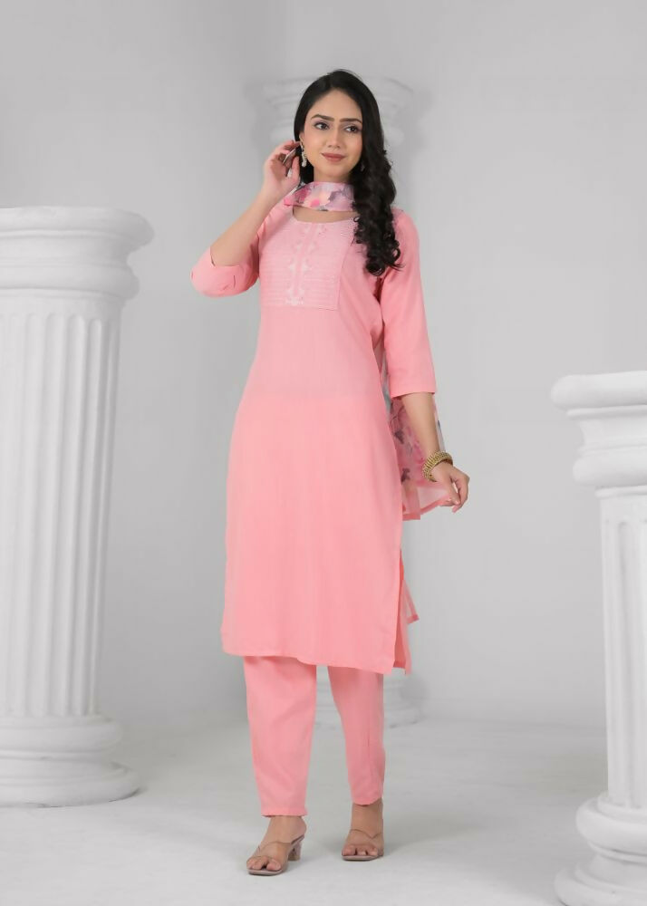 Ethnic Festive Wear Reyon Baby Pink Stitched Suit With Dupatta - Tanisha | Grocsy