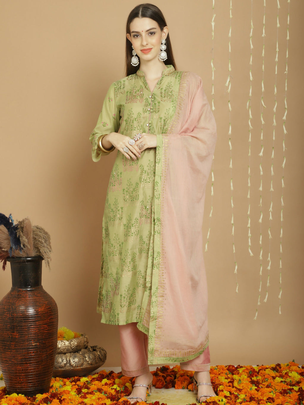 Jyoti Fashion Women's Green Chanderi Silk Elegant Jardoshi Semi Kurta with Trouser & Dupatta | Grocsy