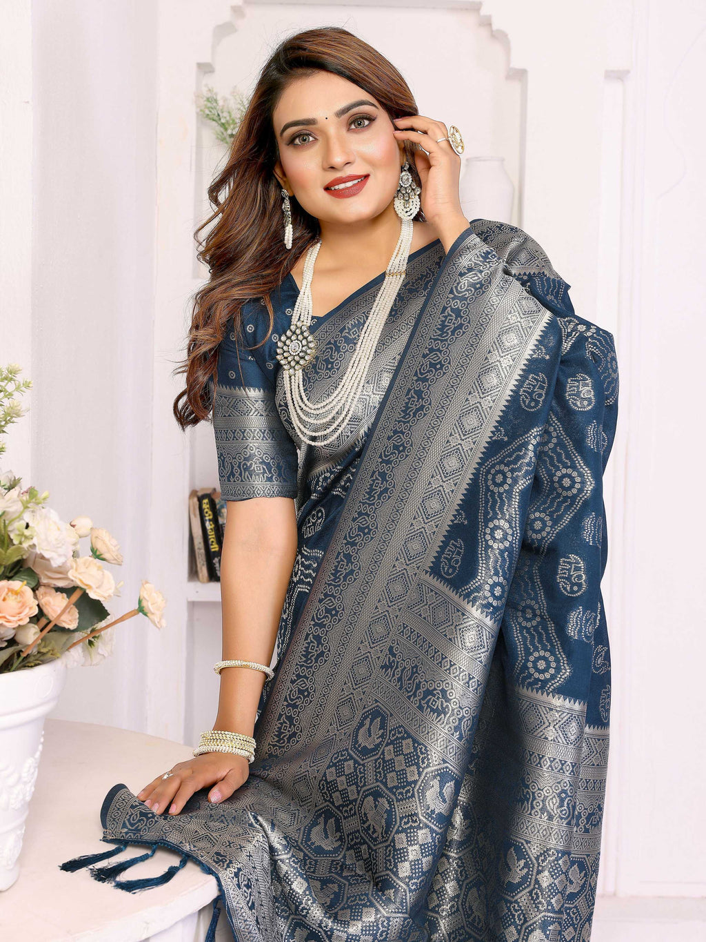 Aastha Fashion Teal Blue Georgette Silk Leheriya With Elegant Zari Weaving Saree | Grocsy