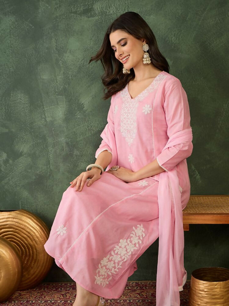 The52 Women's Beautiful Thread Work Cotton satin Fabric Flared Kurta Pant and Dupatta Set | Grocsy