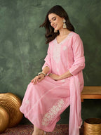 The52 Women's Beautiful Thread Work Cotton satin Fabric Flared Kurta Pant and Dupatta Set | Grocsy
