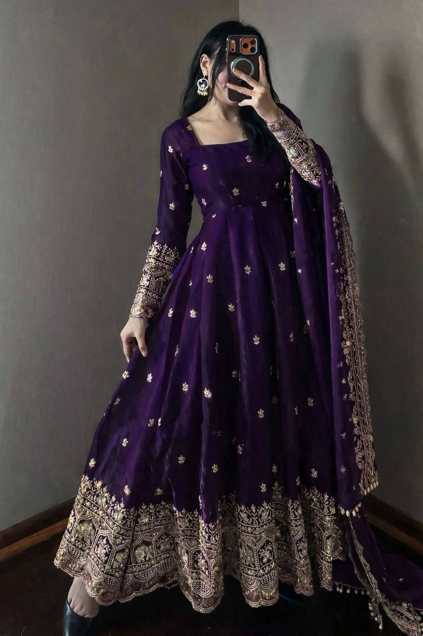 Teeya Creation Deep Purple Embroidered Anarkali Suit Set With Dupatta | Grocsy