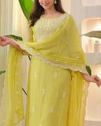 The52 Lemons Women's Beautiful Chikankari Work Chanderi Fabric Straight Kurta Pant and Dupatta Set | Grocsy