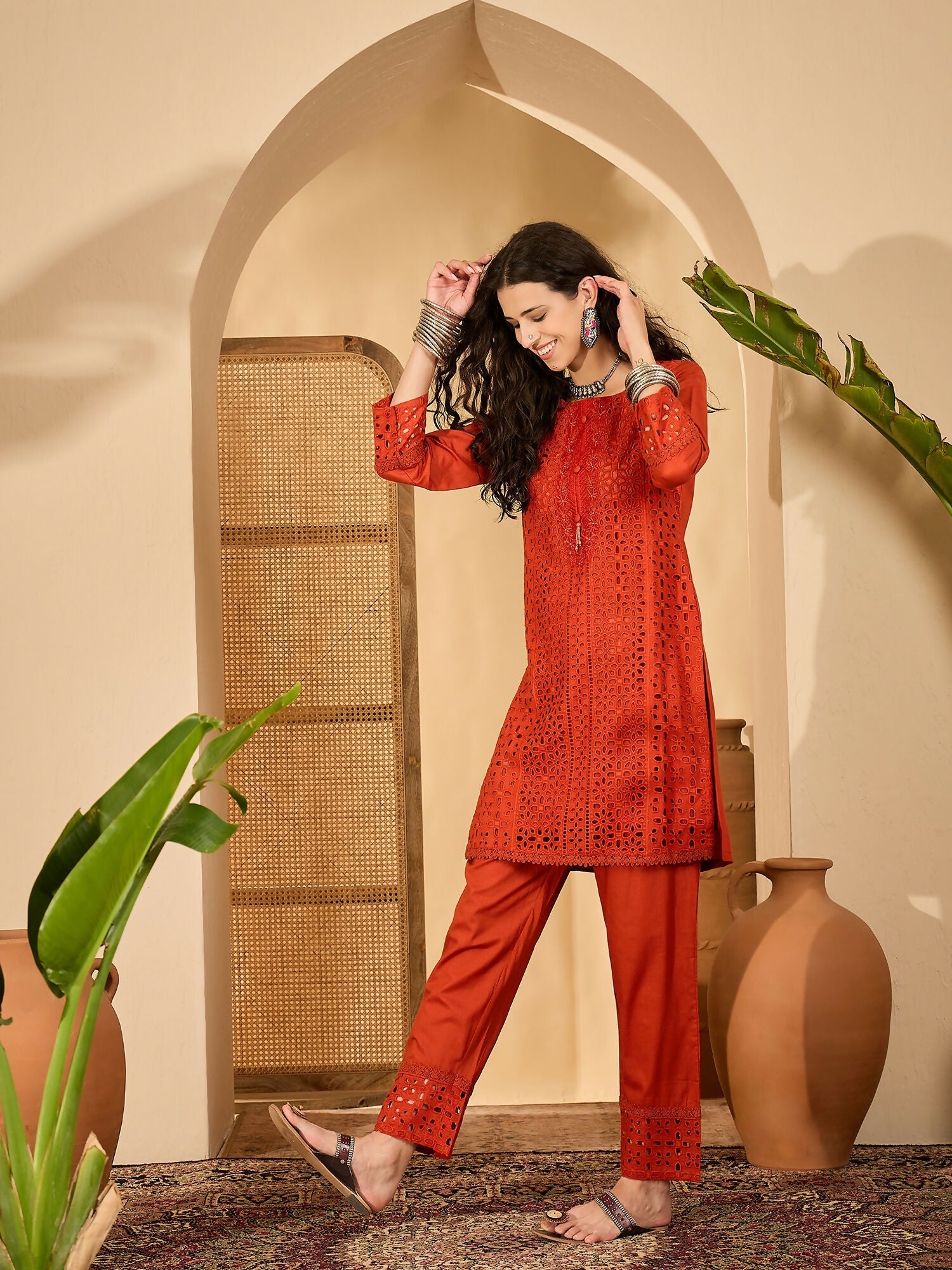 Joban Fashion Embroidery Rust Pure Cotton Cord Set | Grocsy