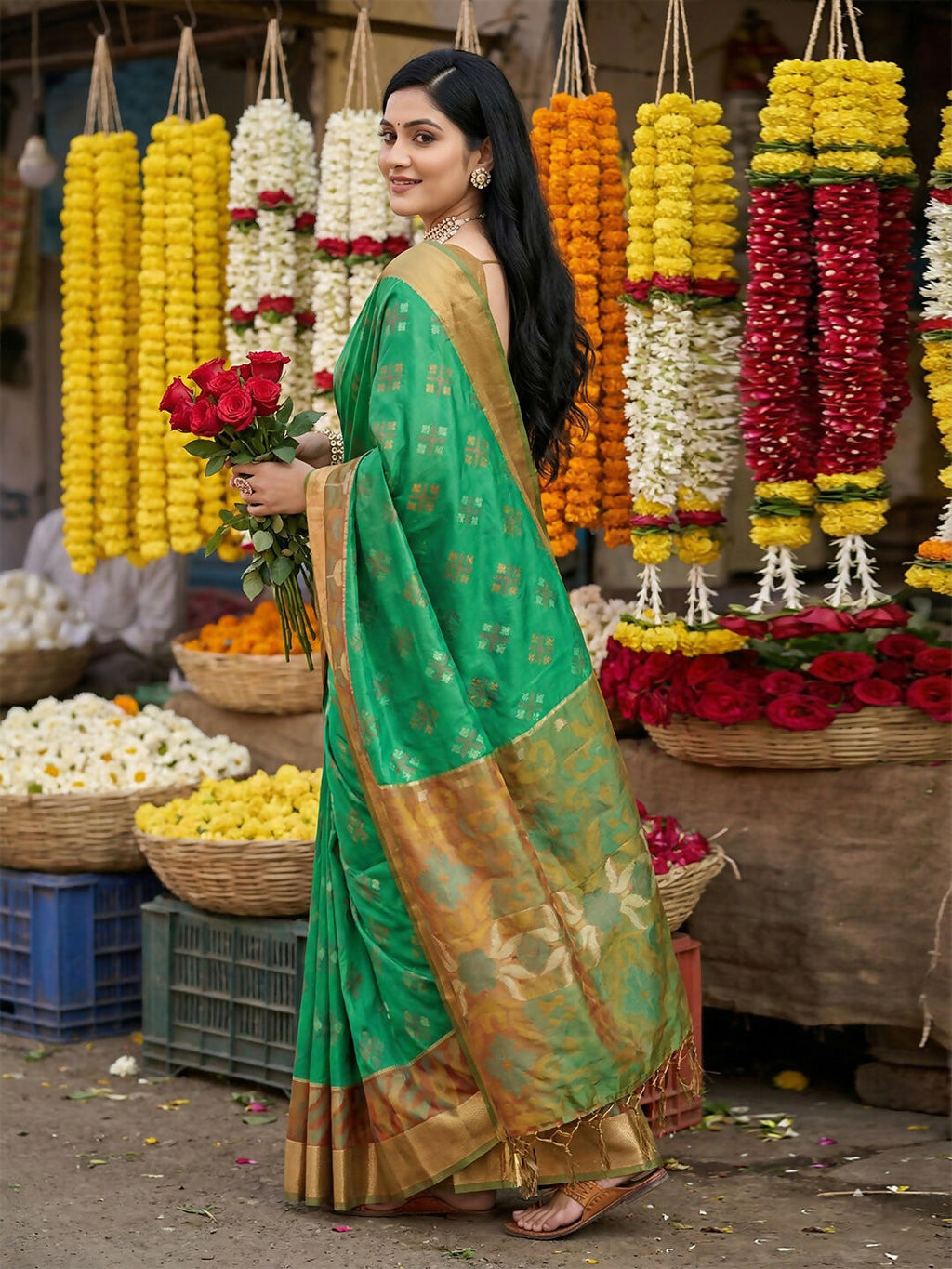 Shree Shyam Fashion Green Pochampally Silk Saree | Grocsy
