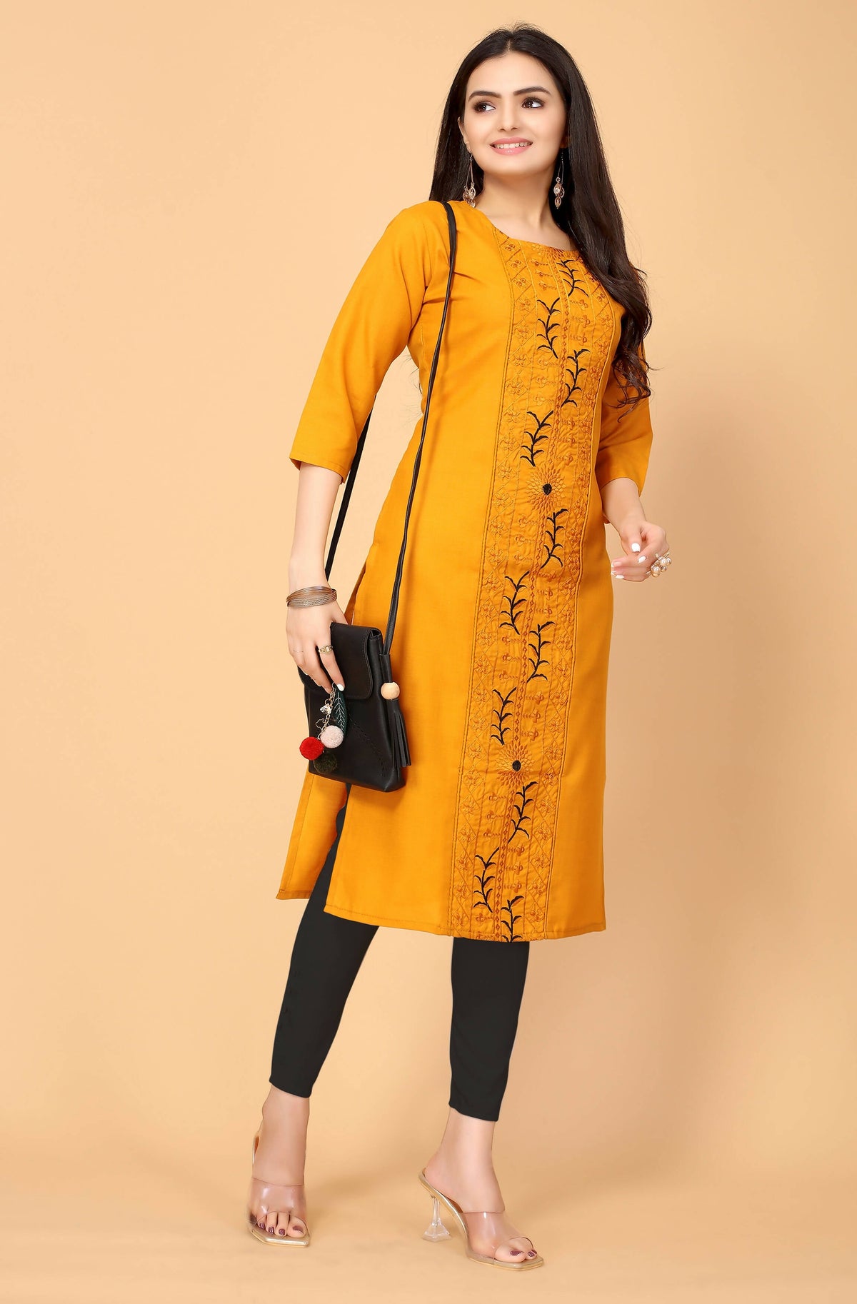 Musterd Cottan Slub Embroidery Kurti - Umi | Grocsy