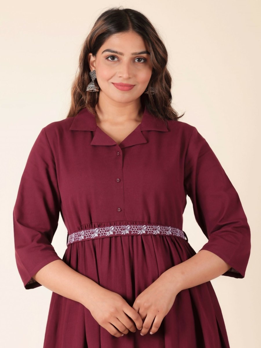 Aramya Maroon Linen Cotton Solid Print A-line Kurta Set for Women | Grocsy