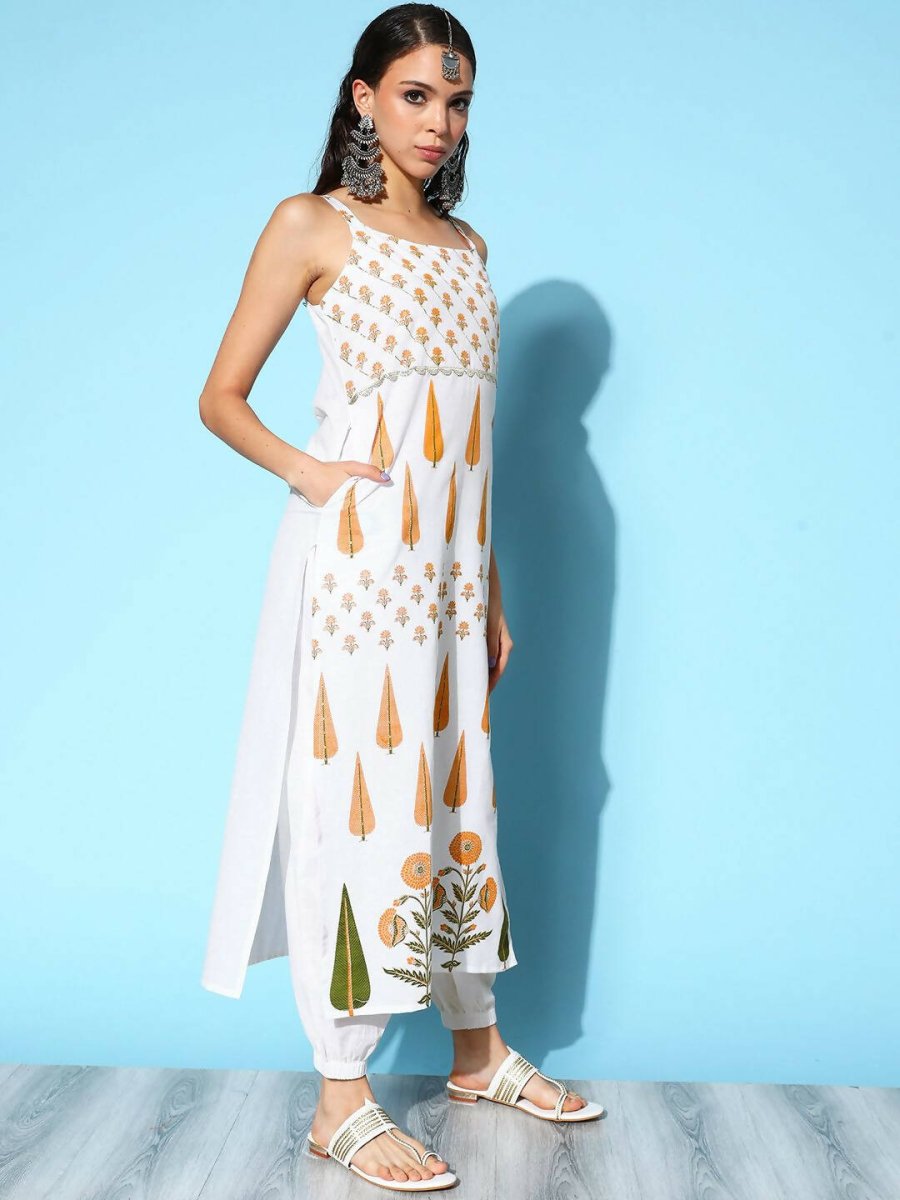 Ahalyaa Women's White Colour Pure Cotton Pigment Printed Kurta Pant Set With Dupatta | Grocsy