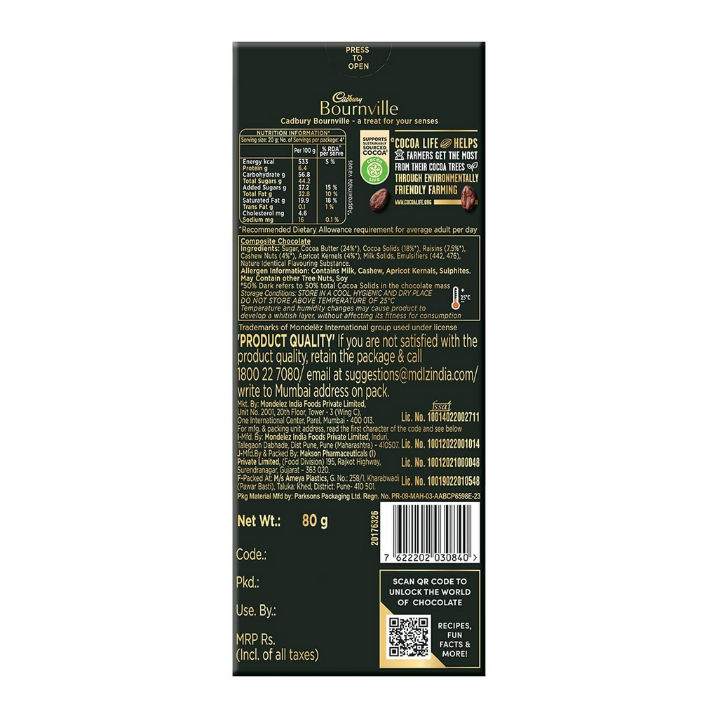 Cadbury Bournville Fruit And Nut Dark Chocolate Bar | Grocsy