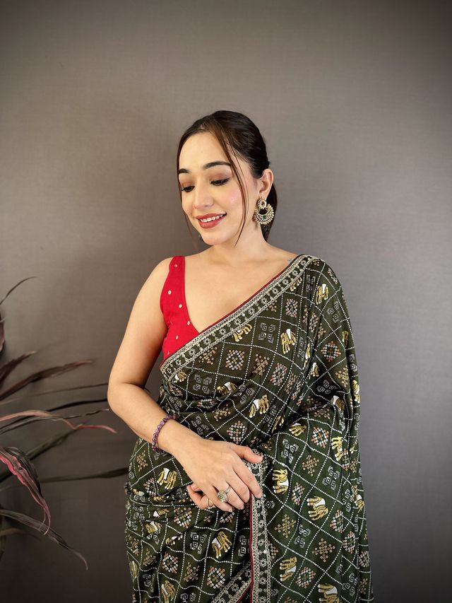 Elora Dark Green Vichitra Silk Animal Motifs Foil Print Sequence Embroidery Work Bandhani Saree | Grocsy